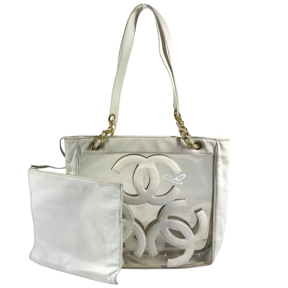 CHANEL ヴィンテージ CC ココマーク ロゴ トリプルココ Wチェーン カバン 肩掛け トートバッグ ポーチ付き ショルダーバッグ ビニール/レザー ユニセックス ホワイト