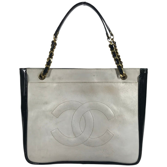 CHANEL ヴィンテージ CC ココマーク ロゴ Wチェーン カバン ハンドバッグ 肩掛け チェーンバッグ ショルダーバッグ パテントレザー レディース ブラック