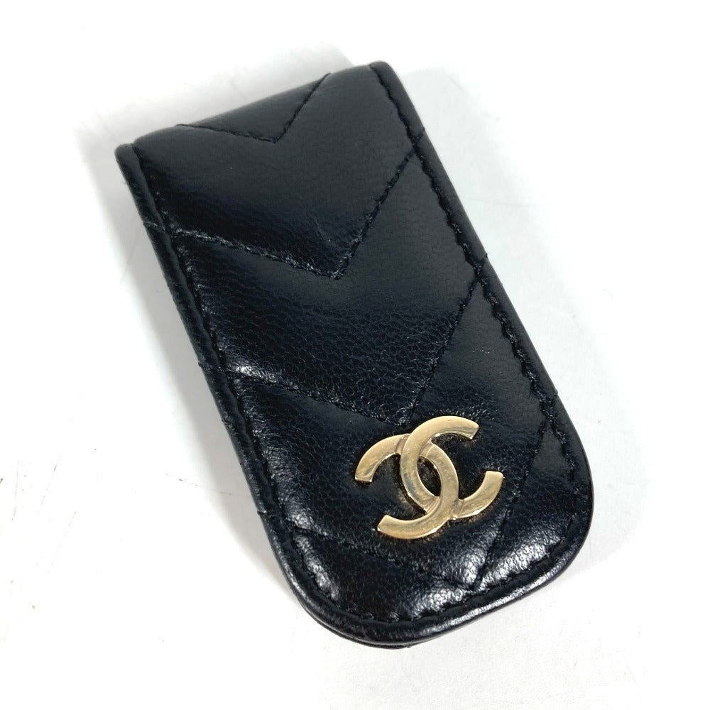 CHANEL CC ココマーク ロゴ Vステッチ 財布 札ばさみ マネークリップ レザー ユニセックス ブラック