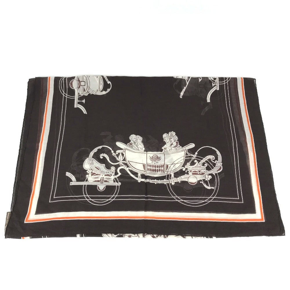 HERMES Monogram Shawl All-over print stole/shawl scarf with fringe shawl cotton / silk Brown Used