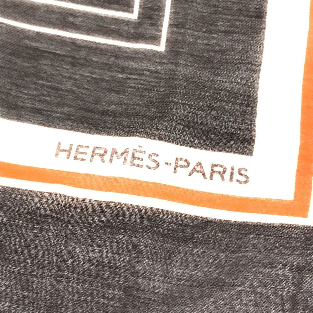 HERMES Monogram Shawl All-over print stole/shawl scarf with fringe shawl cotton / silk Brown Used