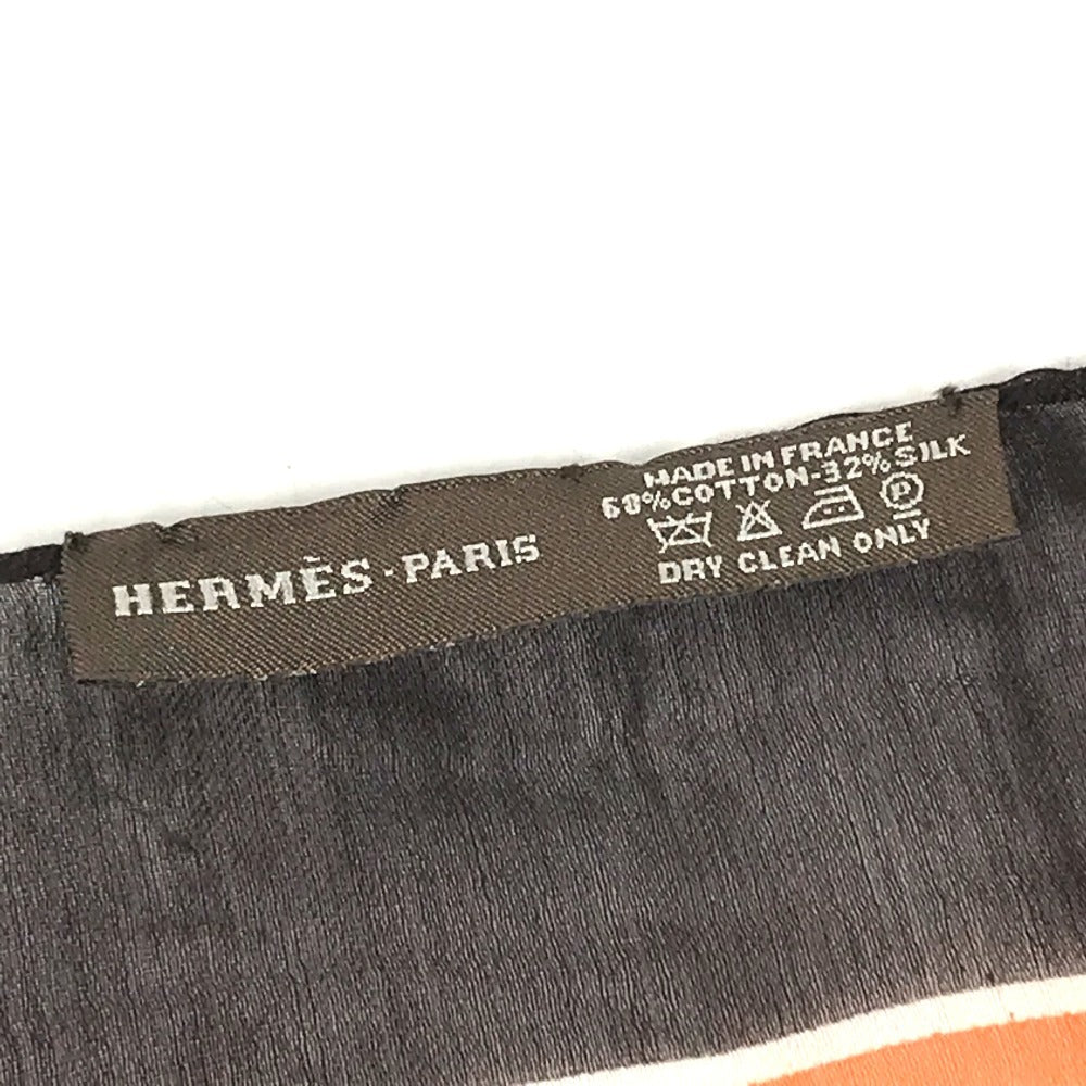 HERMES Monogram Shawl All-over print stole/shawl scarf with fringe shawl cotton / silk Brown Used