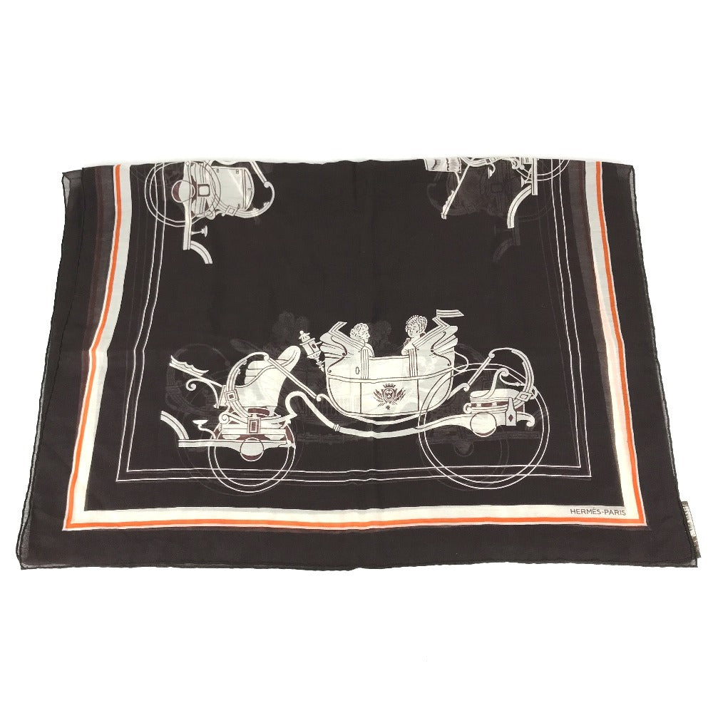 HERMES Monogram Shawl All-over print stole/shawl scarf with fringe shawl cotton / silk Brown Used