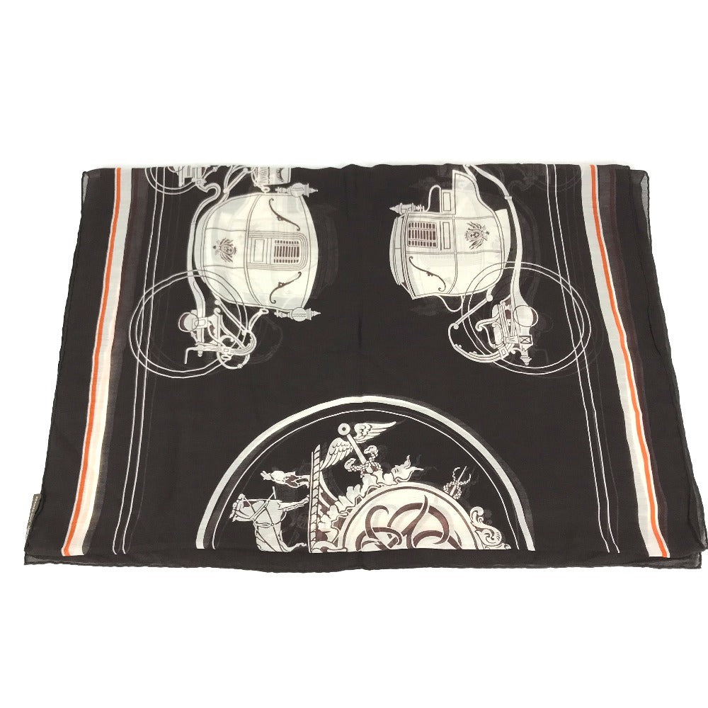HERMES Monogram Shawl All-over print stole/shawl scarf with fringe shawl cotton / silk Brown Used