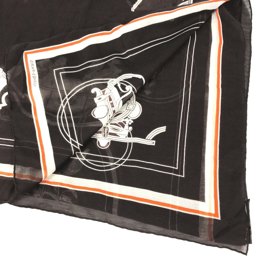 HERMES Monogram Shawl All-over print stole/shawl scarf with fringe shawl cotton / silk Brown Used