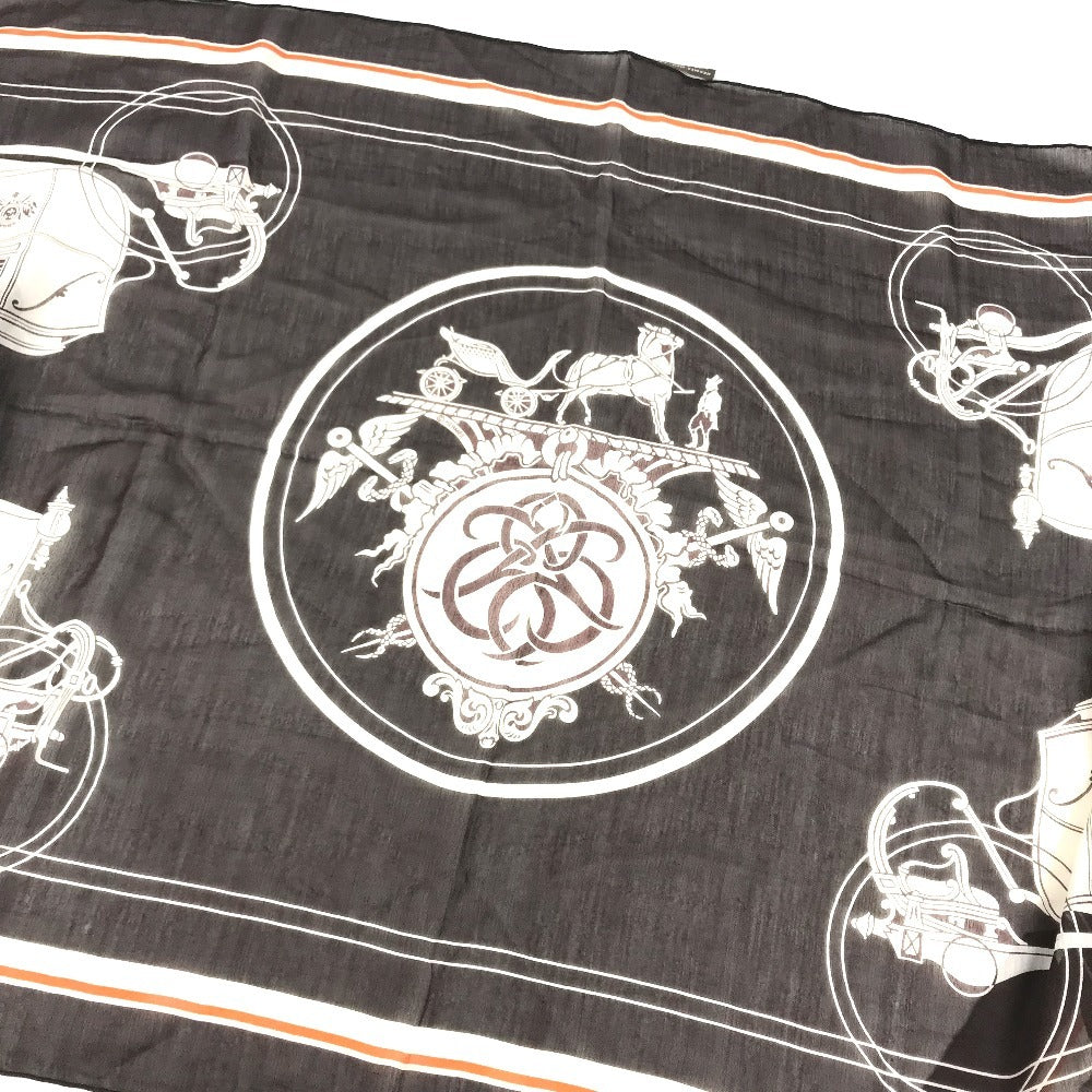 HERMES Monogram Shawl All-over print stole/shawl scarf with fringe shawl cotton / silk Brown Used