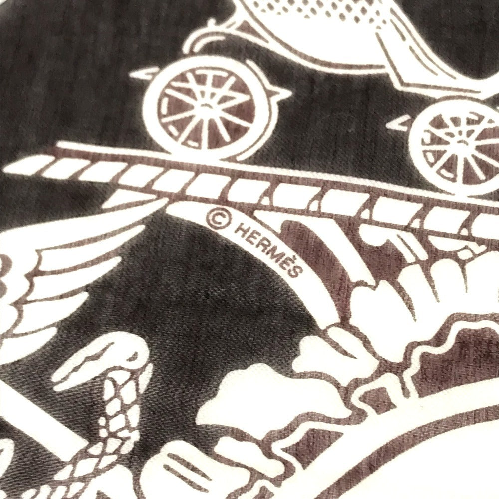 HERMES Monogram Shawl All-over print stole/shawl scarf with fringe shawl cotton / silk Brown Used