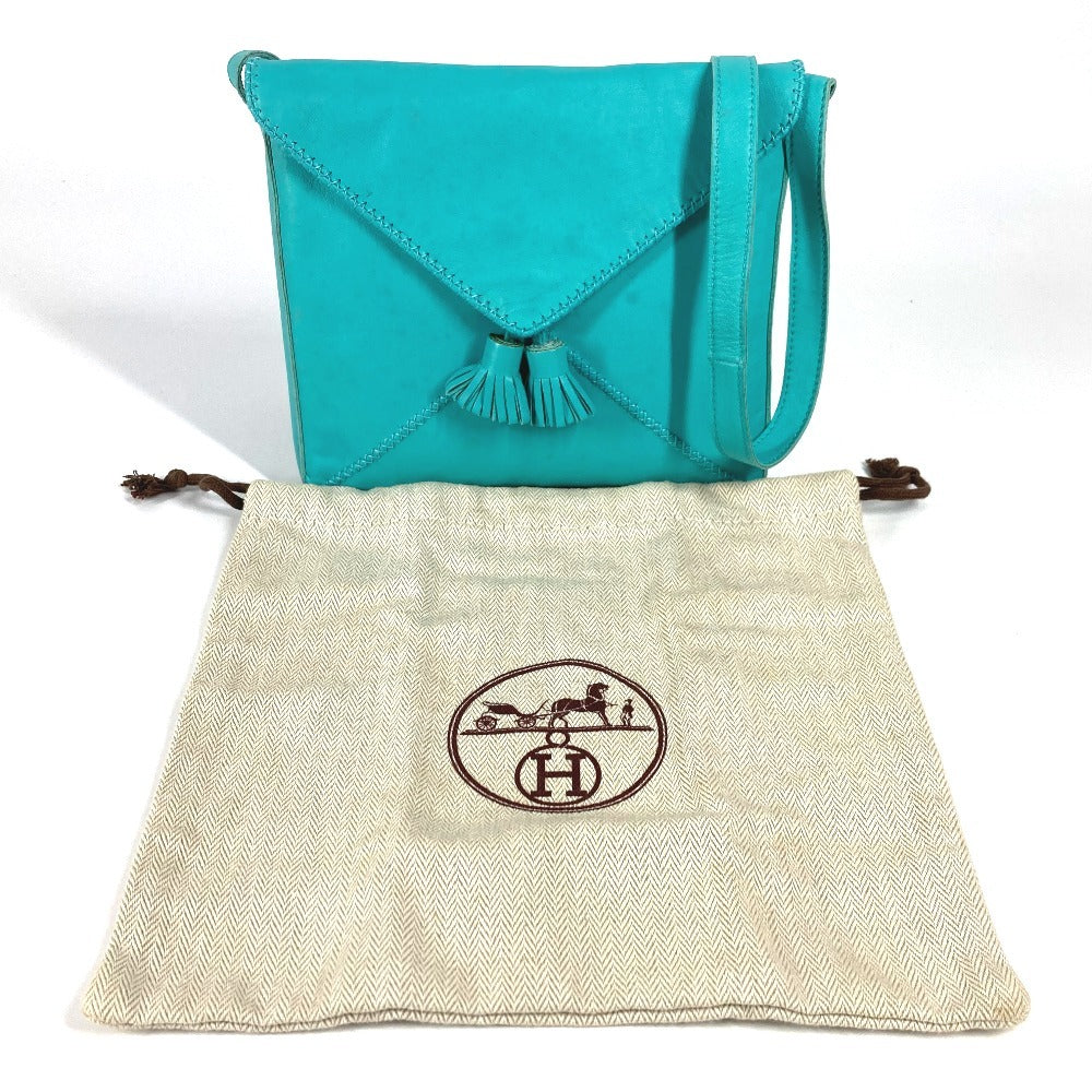 HERMES Tassel Fringe Sac Pompon Crossbody Pochette Shoulder Bag Leather Women's Turquoise Blue