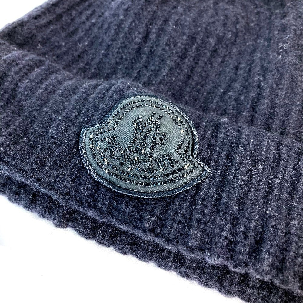 MONCLER Rhinestone Logo Beanie Hat, Knit Cap, Wool, Unisex, Black