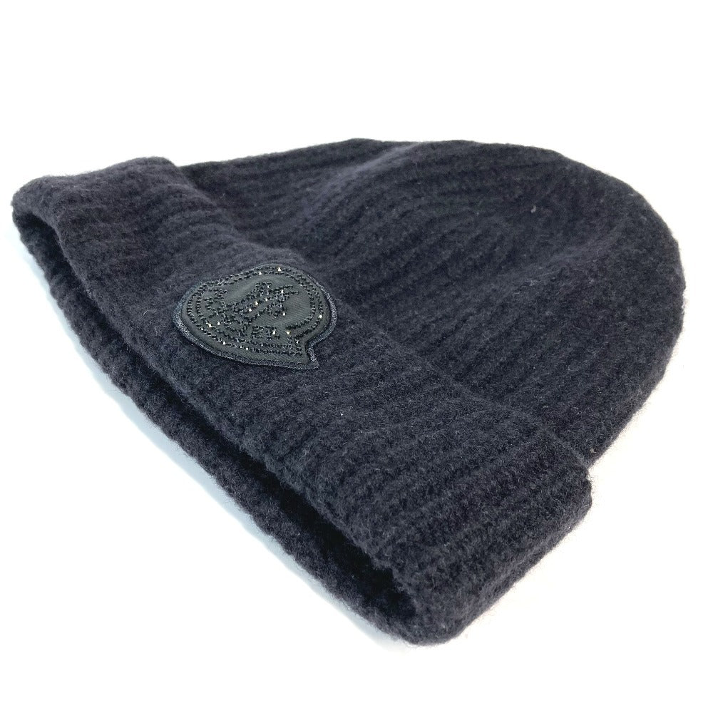 MONCLER Rhinestone Logo Beanie Hat, Knit Cap, Wool, Unisex, Black