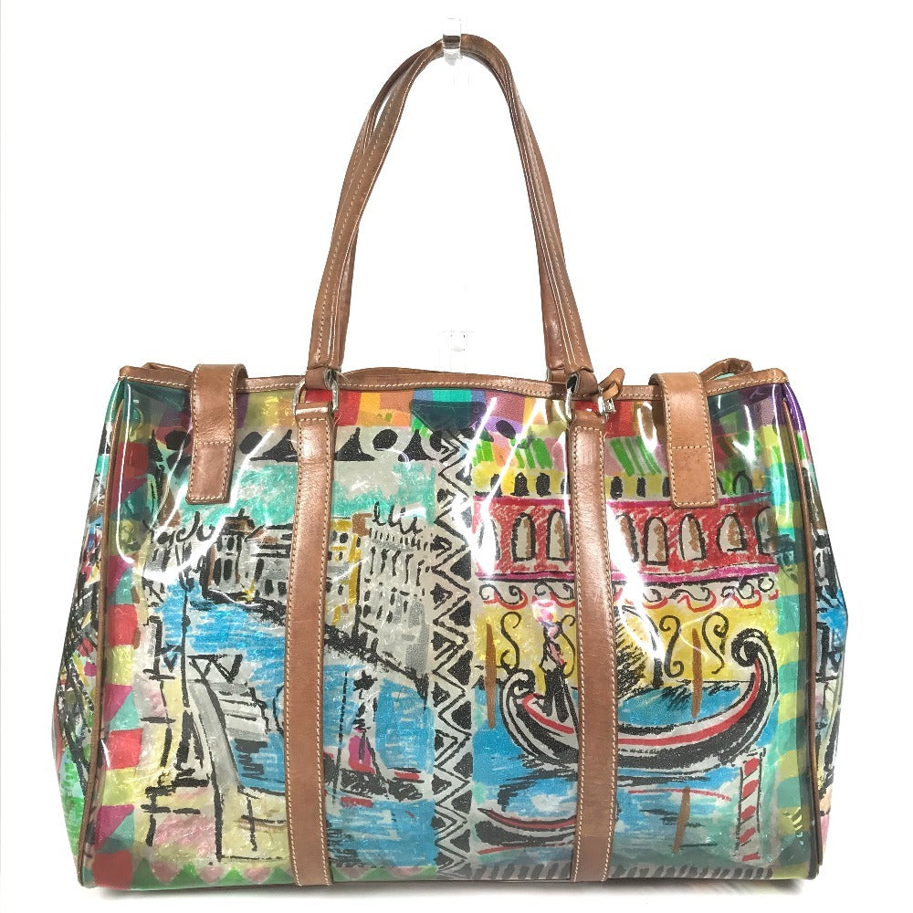 PRADA BR2515 Venetian Print All-Over Triangle Logo Plaque Shoulder Bag/Tote Bag in Vinyl/Leather, Multicolor