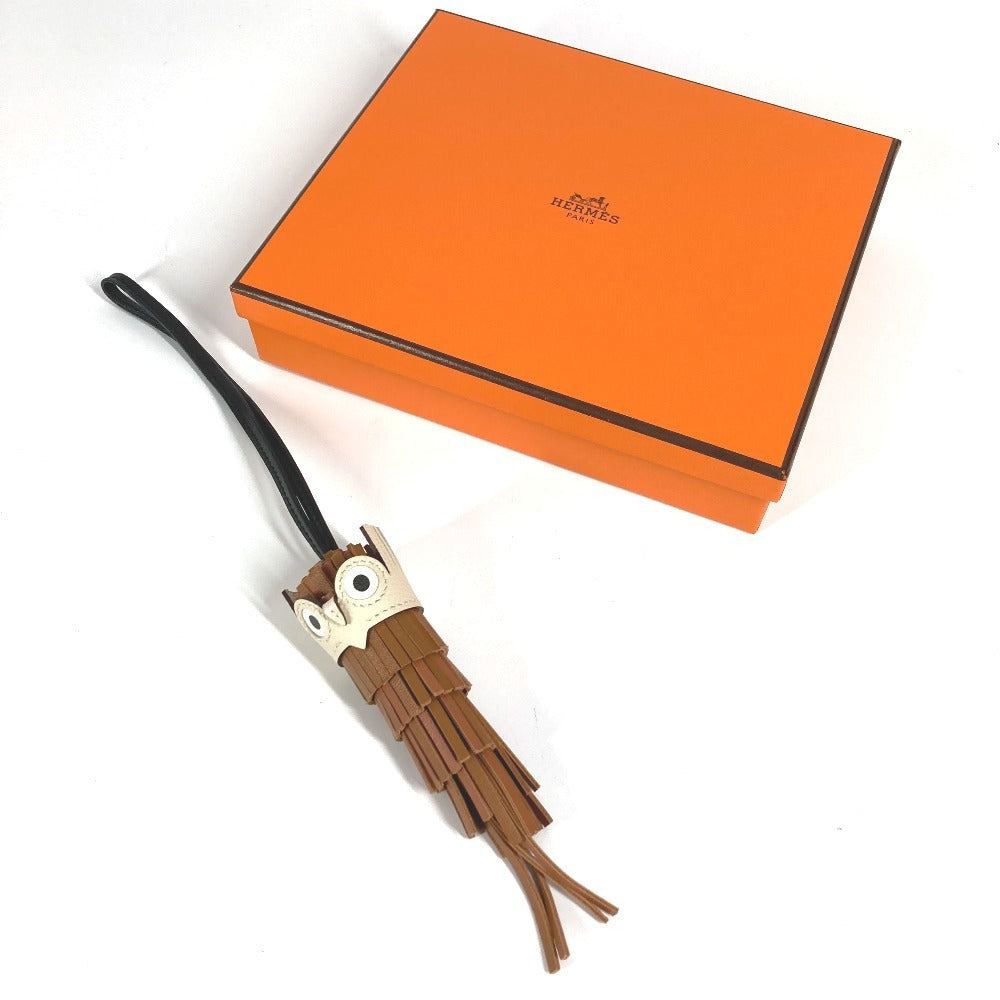HERMES Chouette Owl Bag Charm, Accessory Keychain Charm, Leather, Women's, Gold/Black/Hatchet Brown