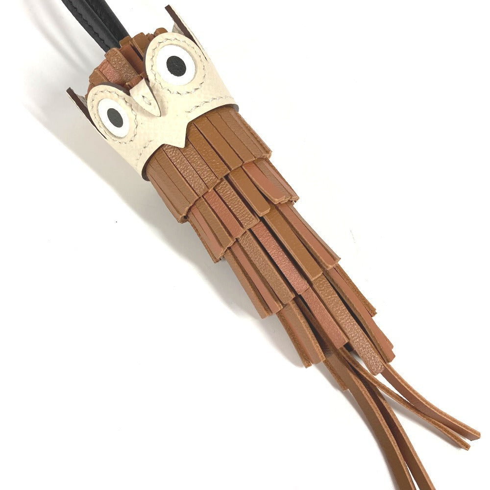 HERMES Chouette Owl Bag Charm, Accessory Keychain Charm, Leather, Women's, Gold/Black/Hatchet Brown