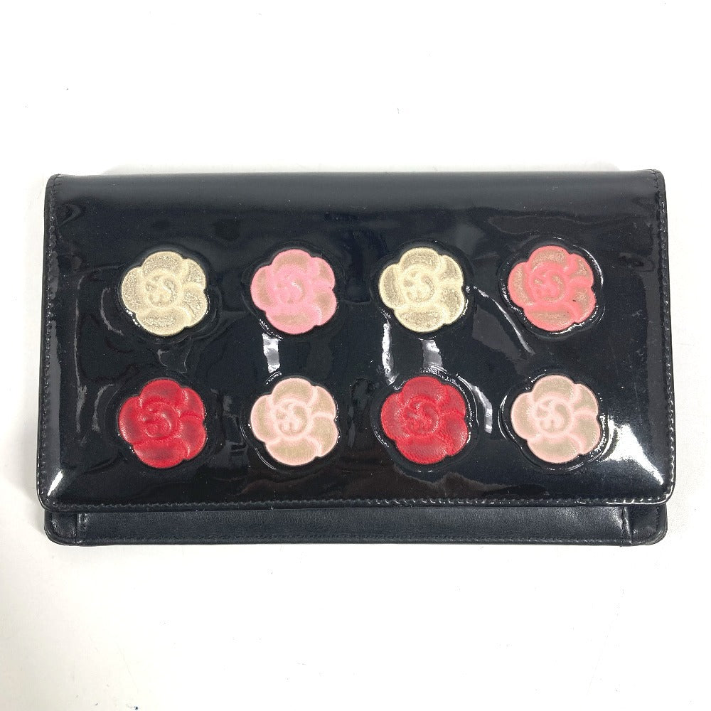 CHANEL Camellia Logo Long Wallet Bi-fold Patent Leather Unisex Black
