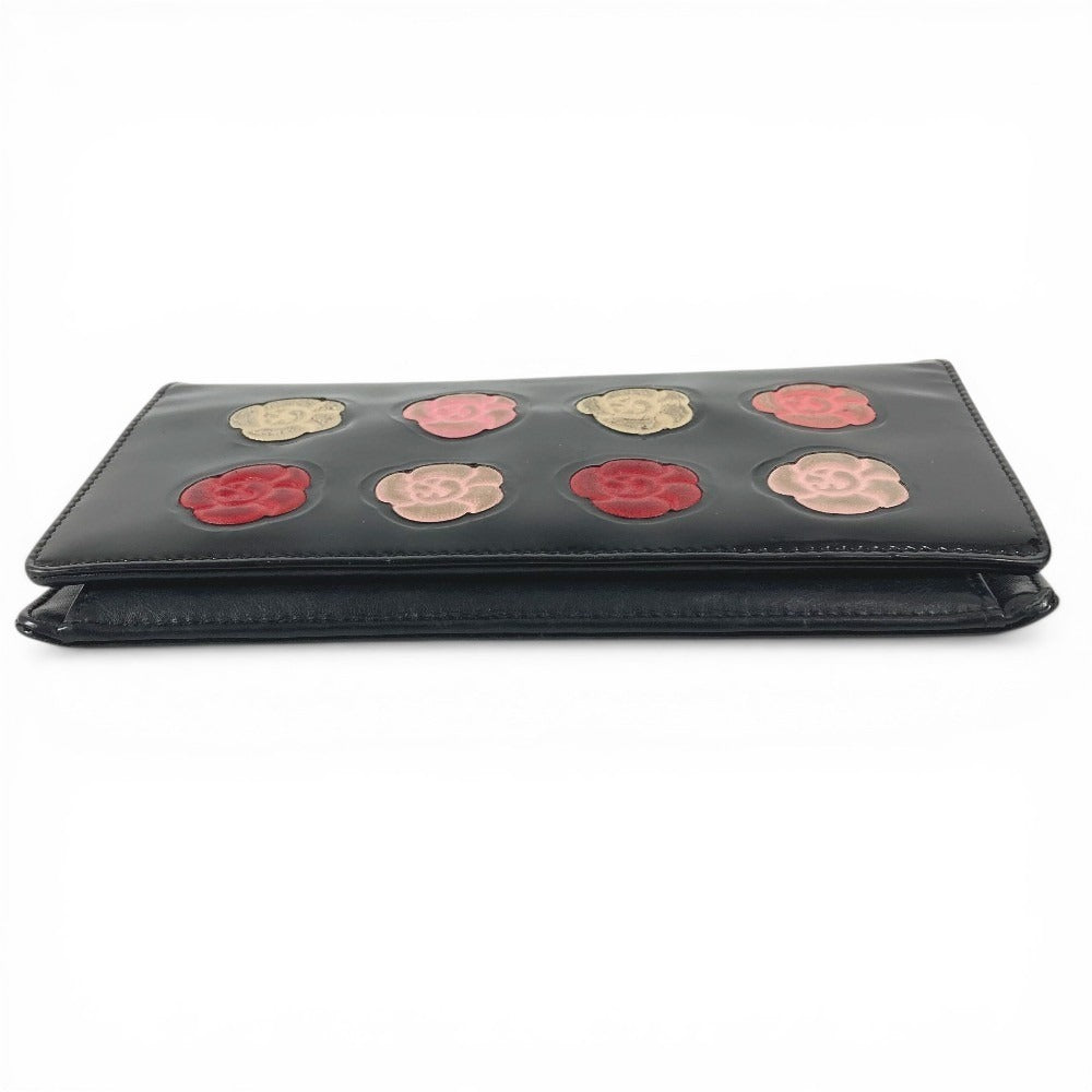 CHANEL Camellia Logo Long Wallet Bi-fold Patent Leather Unisex Black