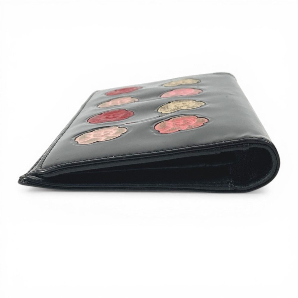 CHANEL Camellia Logo Long Wallet Bi-fold Patent Leather Unisex Black