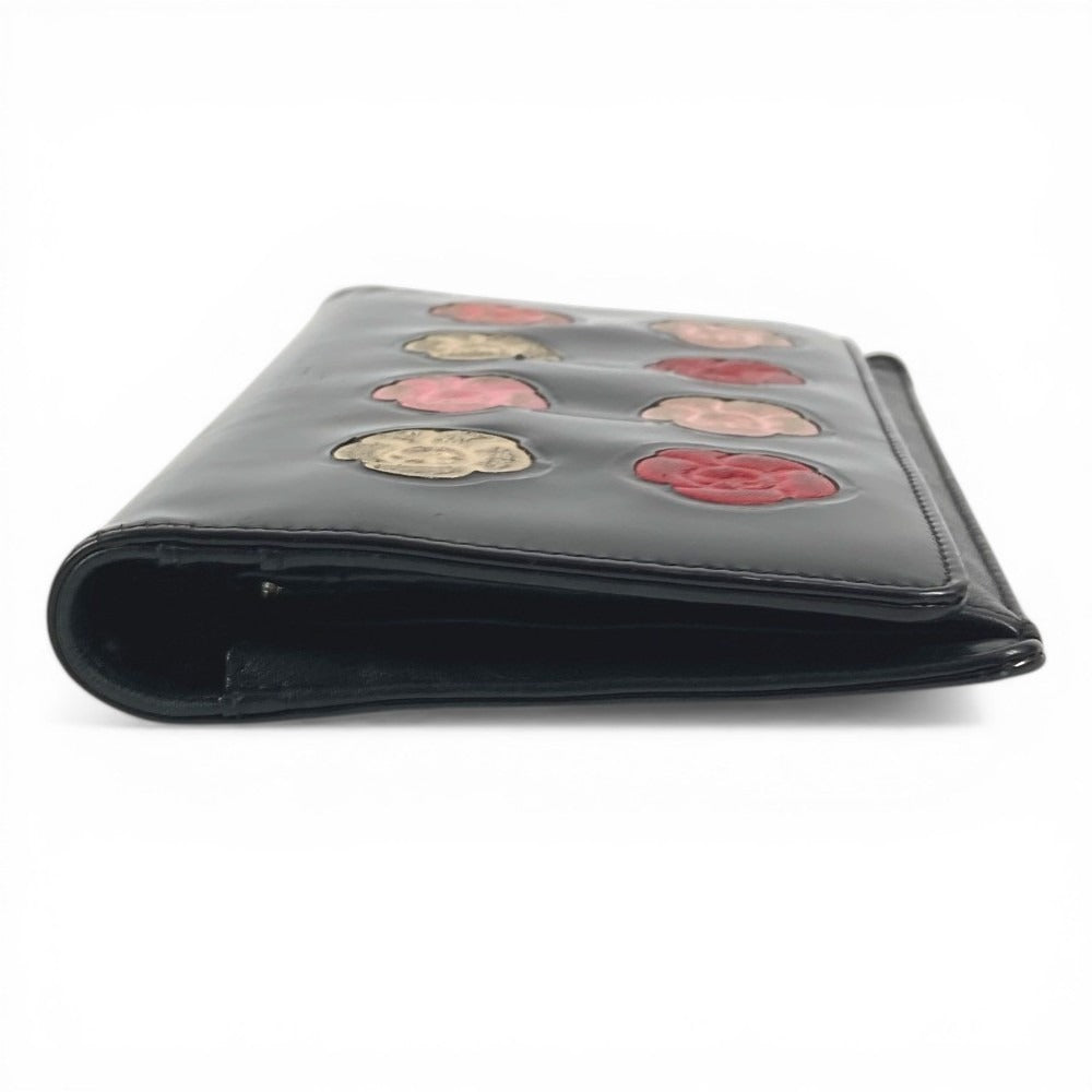 CHANEL Camellia Logo Long Wallet Bi-fold Patent Leather Unisex Black