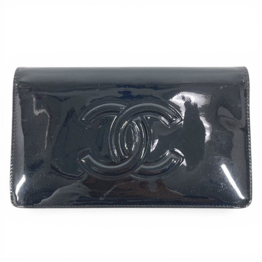 CHANEL Camellia Logo Long Wallet Bi-fold Patent Leather Unisex Black