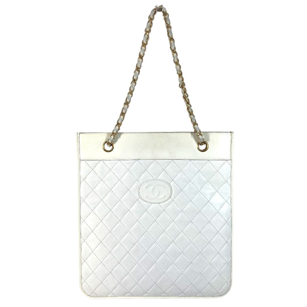 CHANEL Vintage CC Coco Mark Logo Flat Quilted Matelasse Bag Shoulder Bag W Chain Tote Bag Vertical Shoulder Bag Leather Unisex White