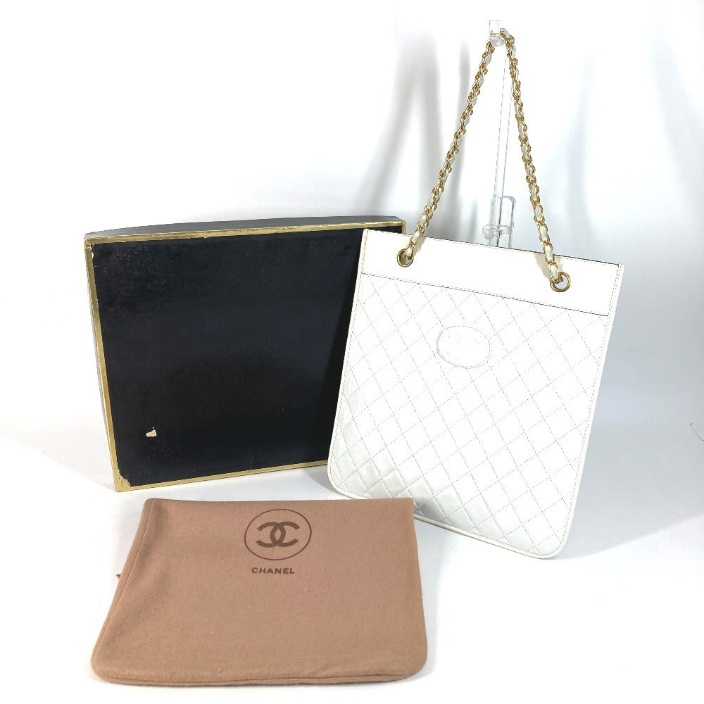 CHANEL Vintage CC Coco Mark Logo Flat Quilted Matelasse Bag Shoulder Bag W Chain Tote Bag Vertical Shoulder Bag Leather Unisex White