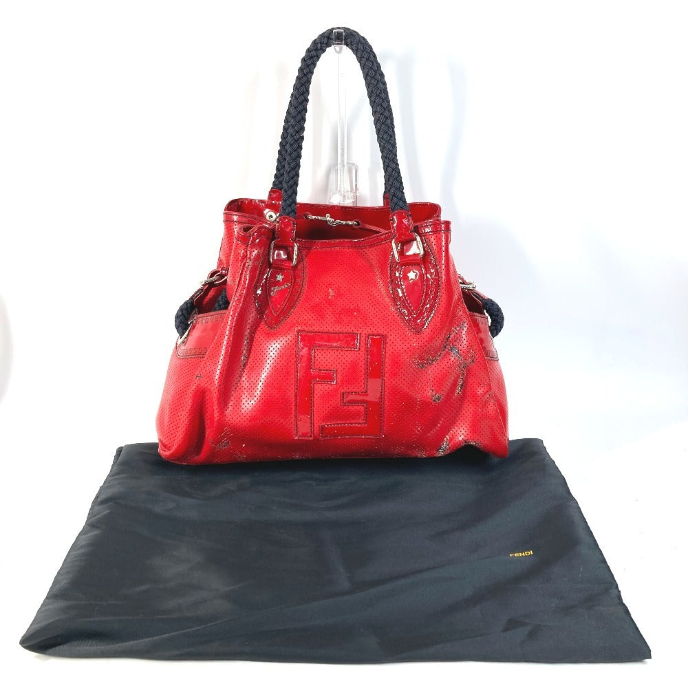 FENDI FF โลโก้ Etnico ปักฉลุ กระเป๋า สะพายข้าง Tote Shoulder Bag หนังแก้ว สีแดง Unise x