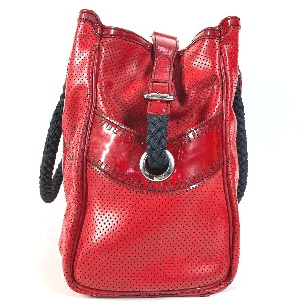 FENDI FF โลโก้ Etnico ปักฉลุ กระเป๋า สะพายข้าง Tote Shoulder Bag หนังแก้ว สีแดง Unise x