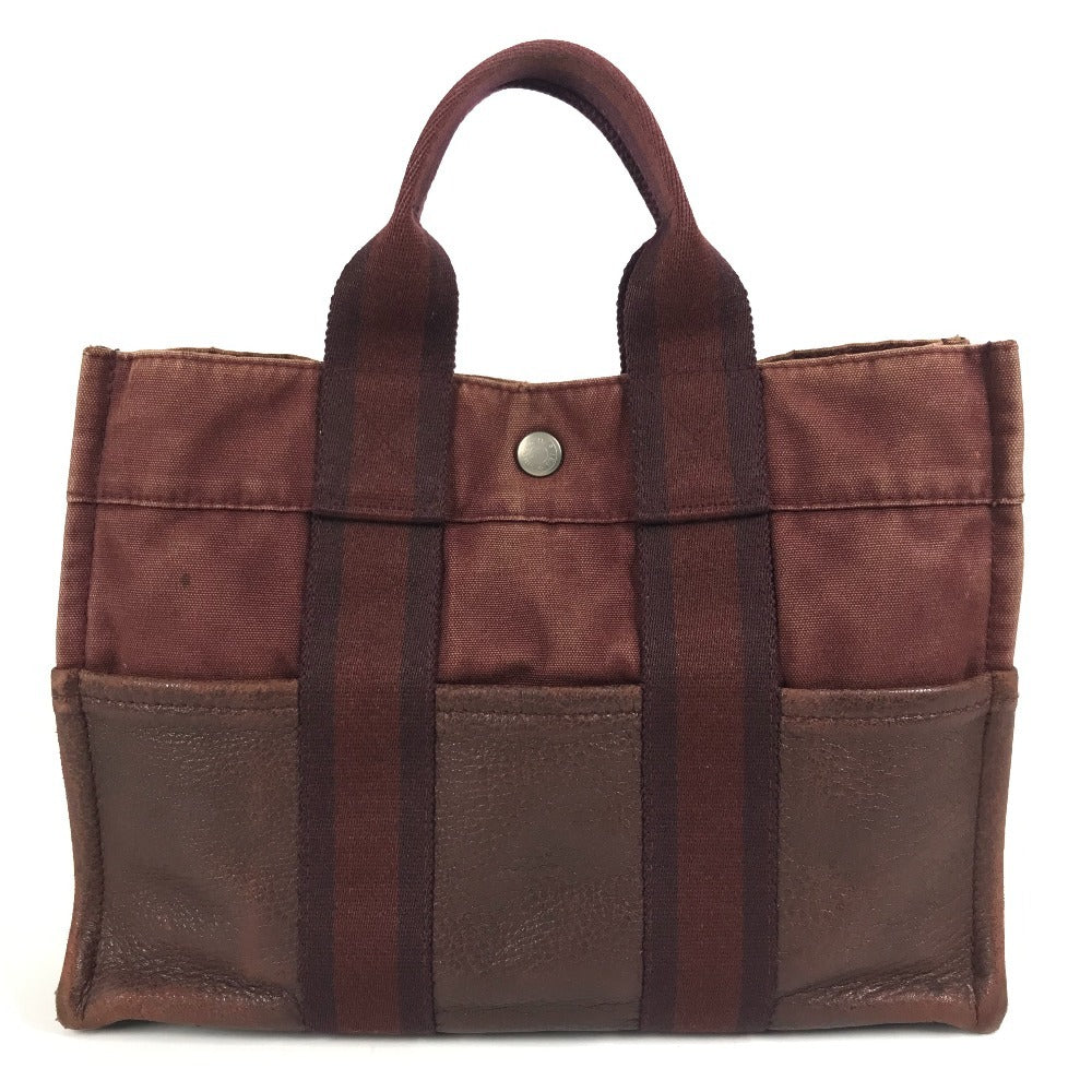 HERMES ハーフレザー 革 フールトゥPM フールトゥ PM カバン トートバッグ ハンドバッグ レザー/キャンバス ユニセックス ワインレッド
