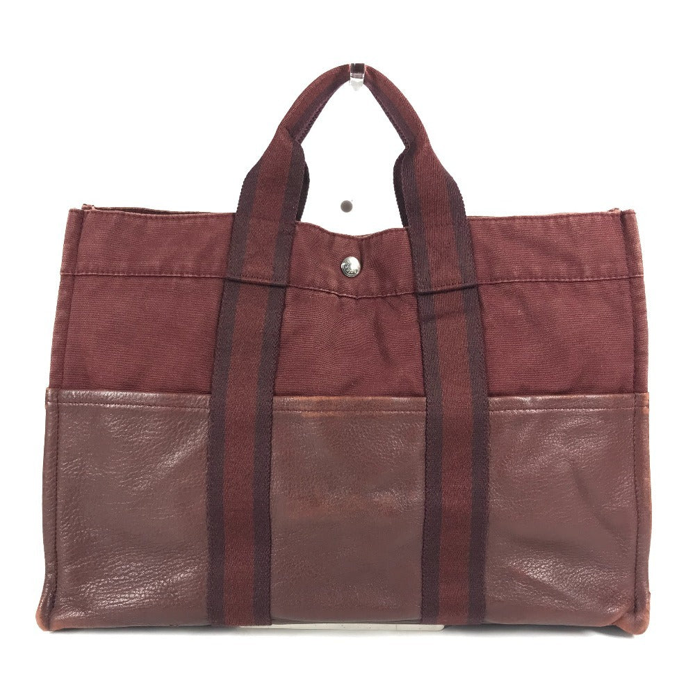 HERMES Half Leather Foule MM Tote Bag, Canvas/Leather Handbag, Unisex, Wine Red