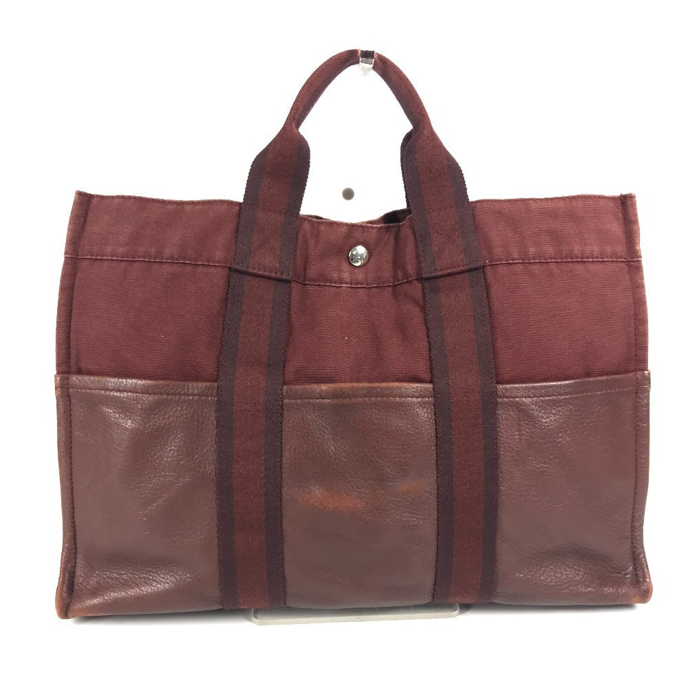 HERMES Half Leather Foule MM Tote Bag, Canvas/Leather Handbag, Unisex, Wine Red