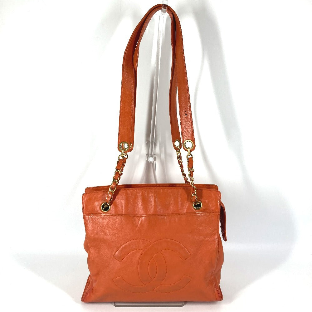 CHANEL Vintage CC Coco Mark Logo Double Chain Tote Bag, Leather Shoulder Bag, Women's, Orange
