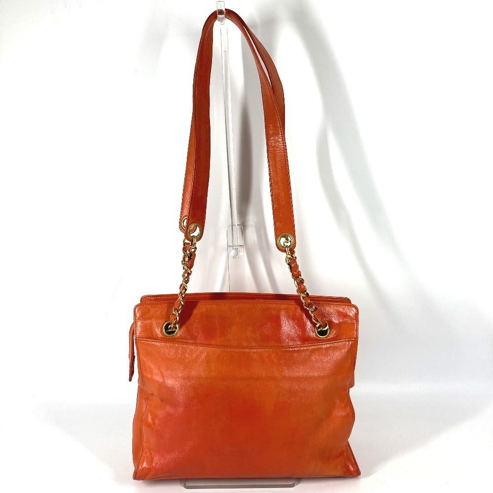 CHANEL Vintage CC Coco Mark Logo Double Chain Tote Bag, Leather Shoulder Bag, Women's, Orange