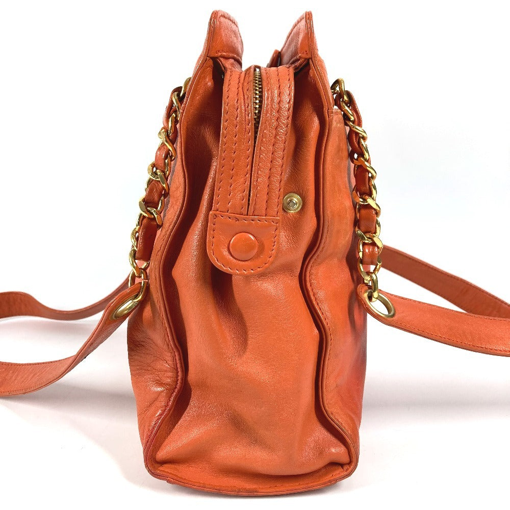 CHANEL Vintage CC Coco Mark Logo Double Chain Tote Bag, Leather Shoulder Bag, Women's, Orange