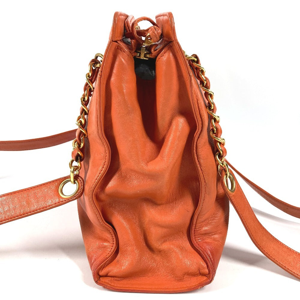 CHANEL Vintage CC Coco Mark Logo Double Chain Tote Bag, Leather Shoulder Bag, Women's, Orange