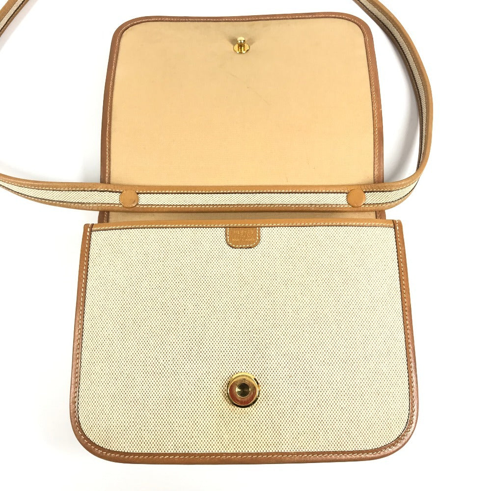 HERMES 馬 シュバル ロゴ ヴィンテージ ジョッキー カバン 斜め掛け フラップ ポシェット 2WAYバッグ ハンドバッグ ショルダーバッグ レザー/キャンバス ユニセックス ベージュ