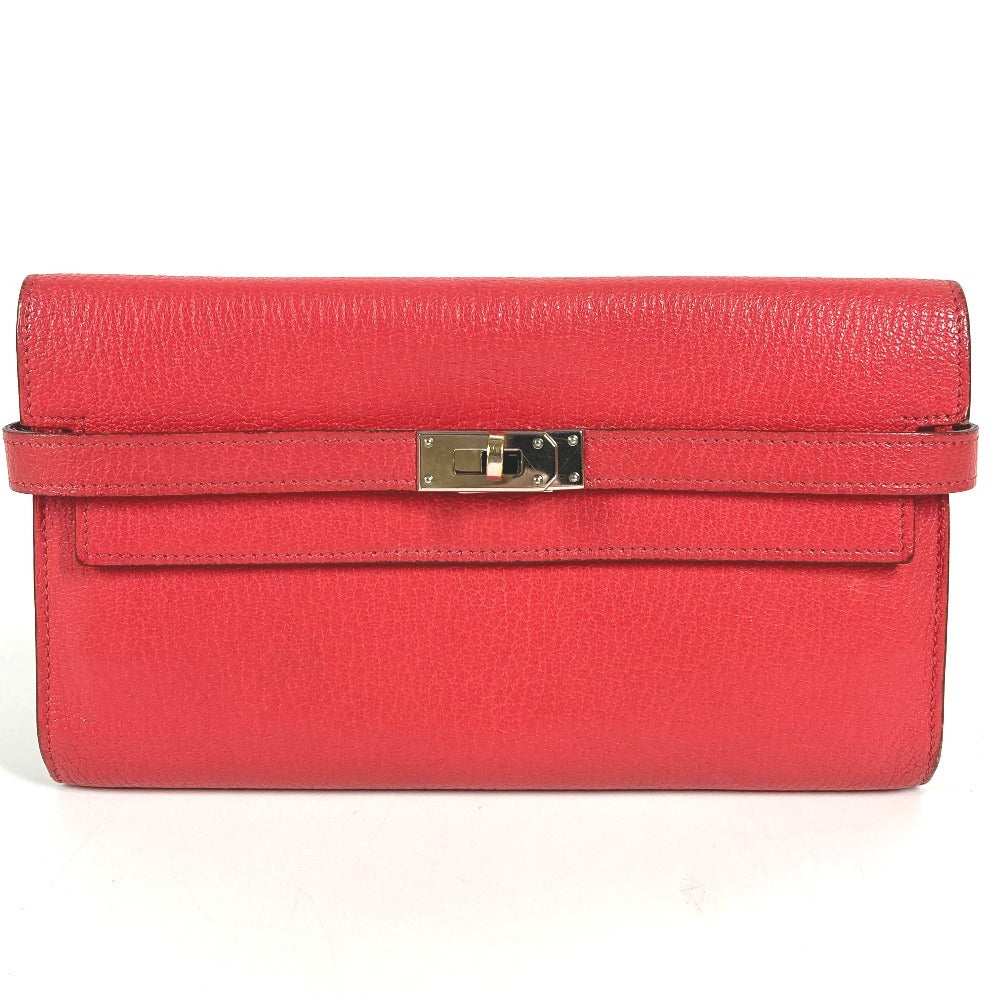 HERMES Kelly Wallet Long Wallet, Chevre Leather, Women's, Red