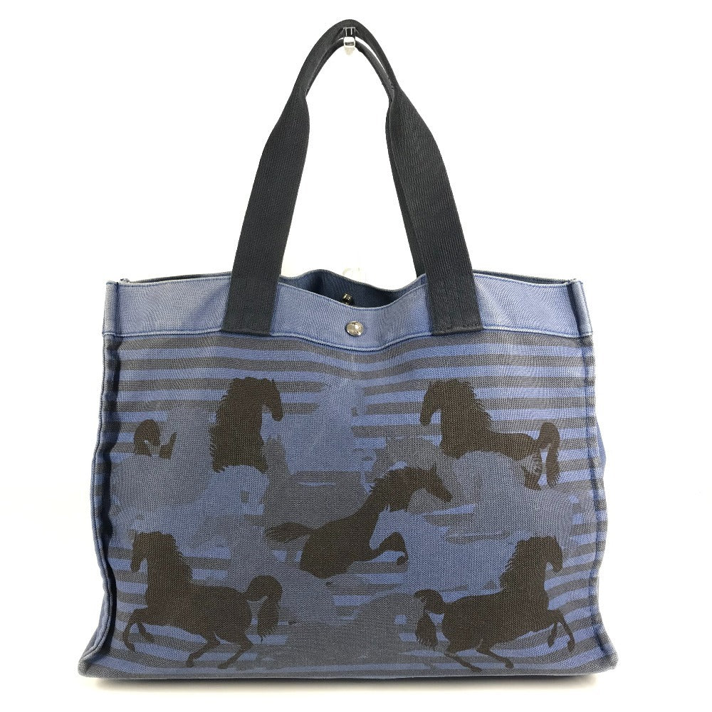 HERMES Horse Cheval Hermes Chevalin Tote Bag with Pouch, Shoulder Bag, Cotton, Unisex, Blue