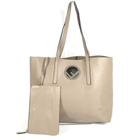FENDI Logo F is Leather Shoulder Tote Bag with Pouch Unisex Beige