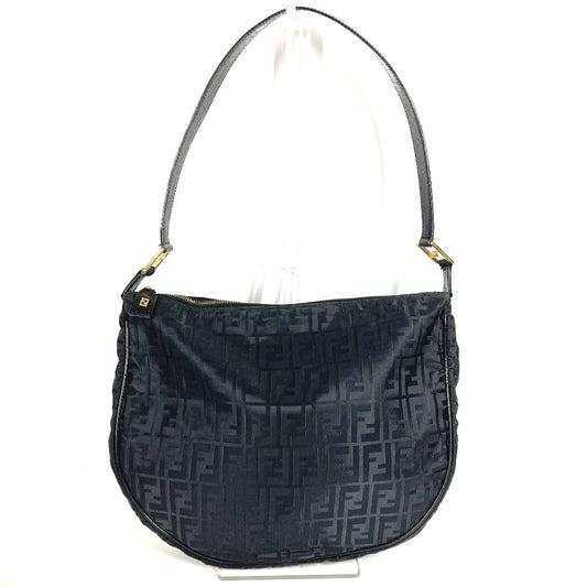 FENDI ZUCCA Logo Shoulder Bag Leather/Nylon Unisex Black