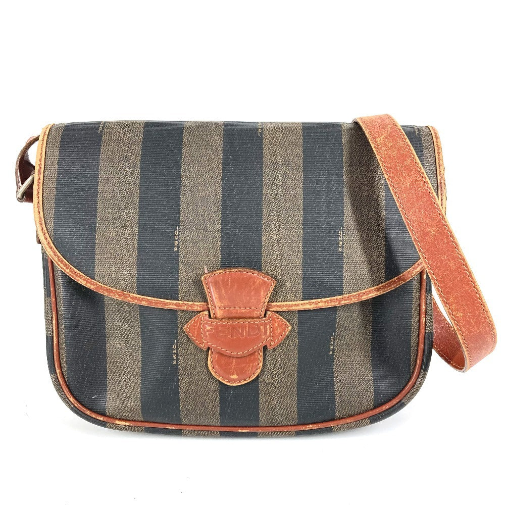 FENDI ヴィンテージ ペカン ロゴ カバン 斜め掛け ポシェット フラップ ショルダーバッグ PVC/レザー ユニセックス カーキ
