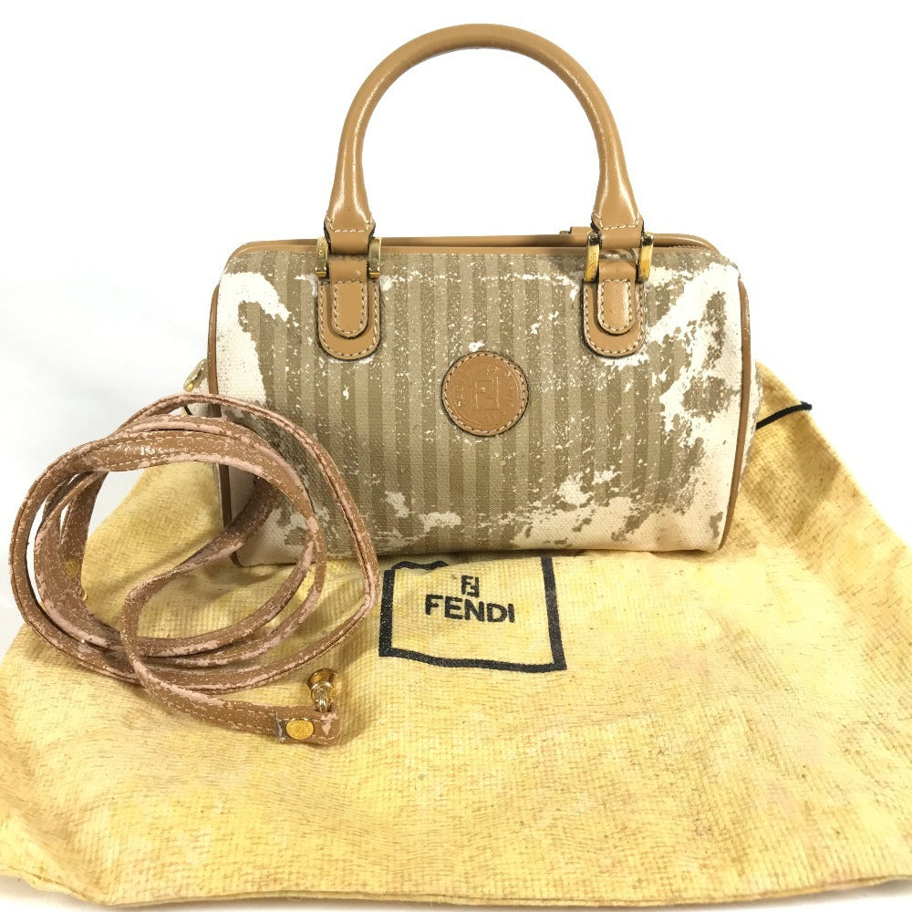 FENDI ヴィンテージ ロゴ ストライプ ペカン カバン 2WAYバッグ ショルダーバッグ 斜め掛け ミニボストンバッグ ハンドバッグ レザー/キャンバス ユニセックス ベージュ