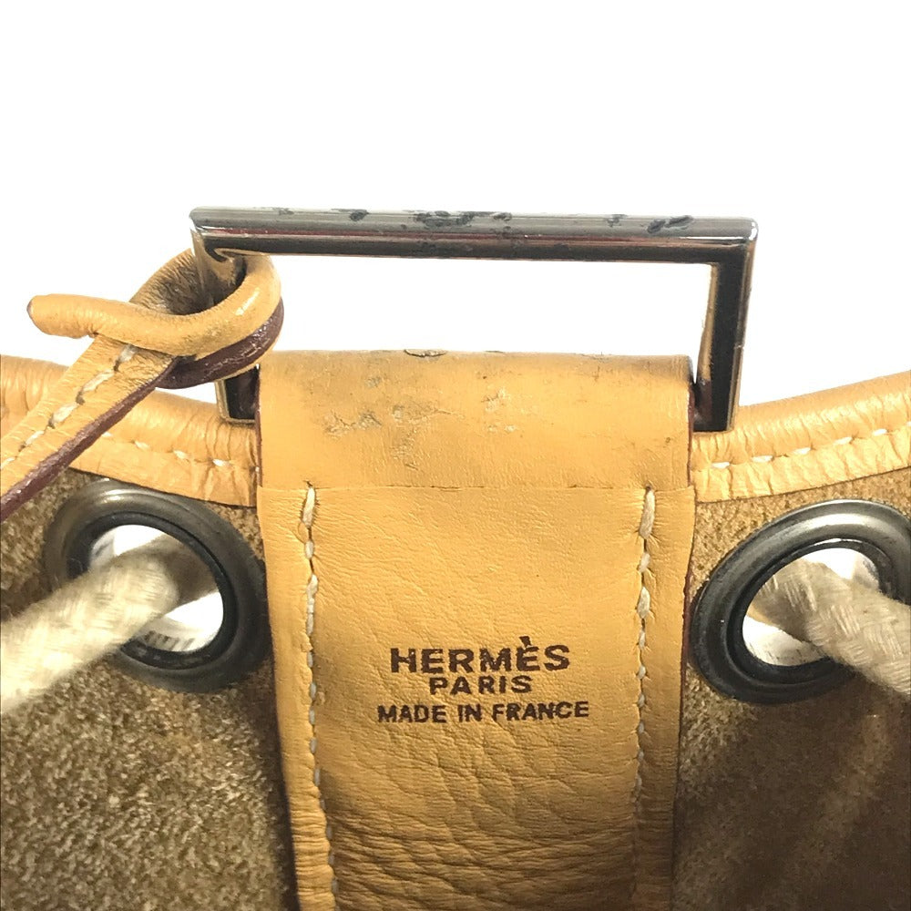 HERMES H-punched logo drawstring bag lunch bag shawl Shoulder Bag Taurillon Clemence Yellow Beige Based Used