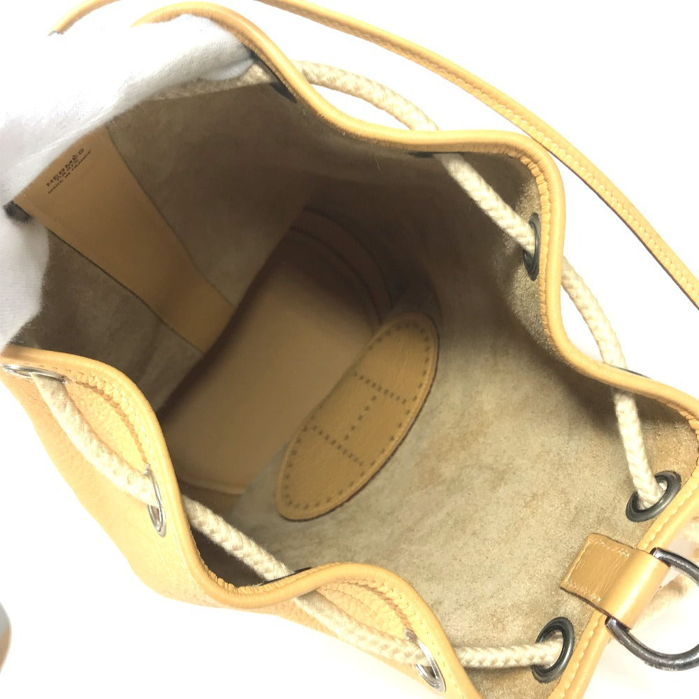 HERMES H-punched logo drawstring bag lunch bag shawl Shoulder Bag Taurillon Clemence Yellow Beige Based Used