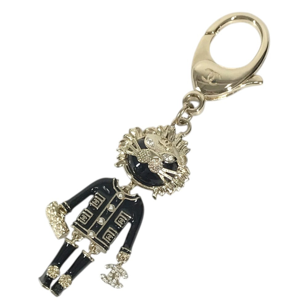 CHANEL 22P Lion Camellia Logo Animal Rhinestone Charm Bag Charm Key Holder Metal Black/Gold Used