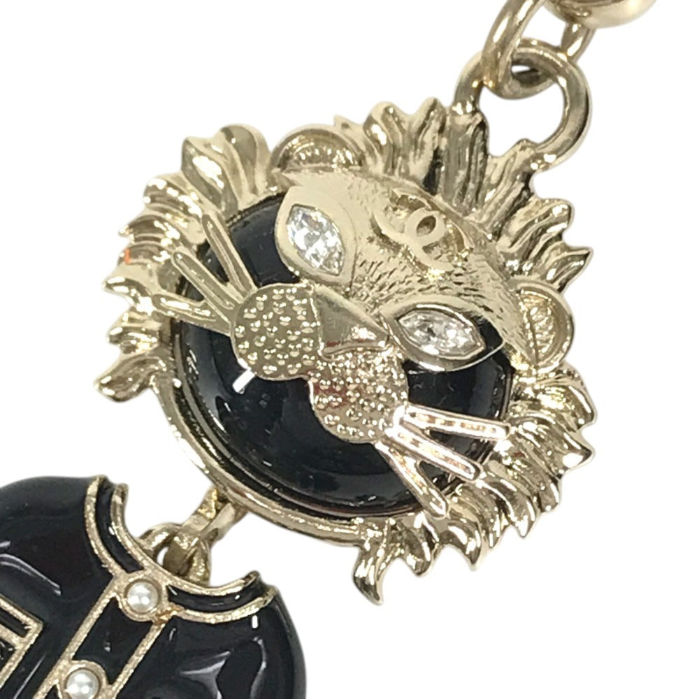 CHANEL 22P Lion Camellia Logo Animal Rhinestone Charm Bag Charm Key Holder Metal Black/Gold Used