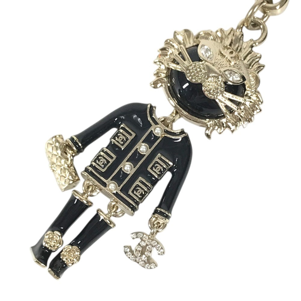 CHANEL 22P Lion Camellia Logo Animal Rhinestone Charm Bag Charm Key Holder Metal Black/Gold Used