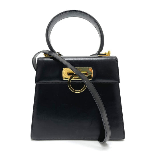 Salvatore Ferragamo BX-212193 ガンチーニ スクエア型 カバン 2WAY ハンドバッグ ショルダーバッグ レザー レディース ブラック