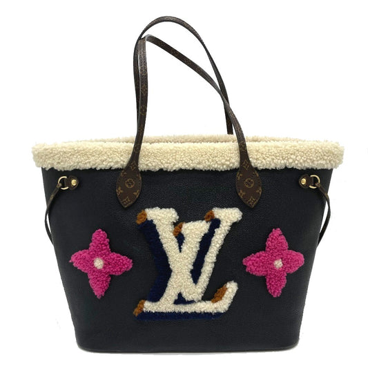 LOUIS VUITTON M56960 シアリング モノグラムフラワー LVイニシャル ネヴァーフルMM カバン モコモコ ショルダーバッグ トートバッグ カーフレザー レディース ブラック