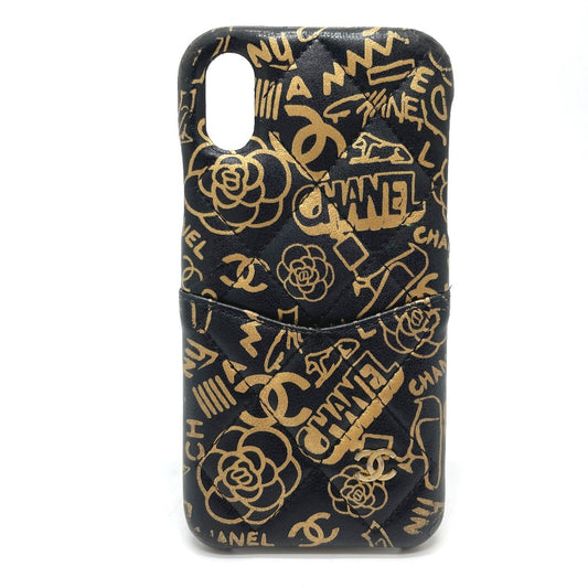 CHANEL カメリア CCココマーク マトラッセ iPhone X & XS 2019AW iPhoneケース カーフスキン レディース ブラック×ゴールド