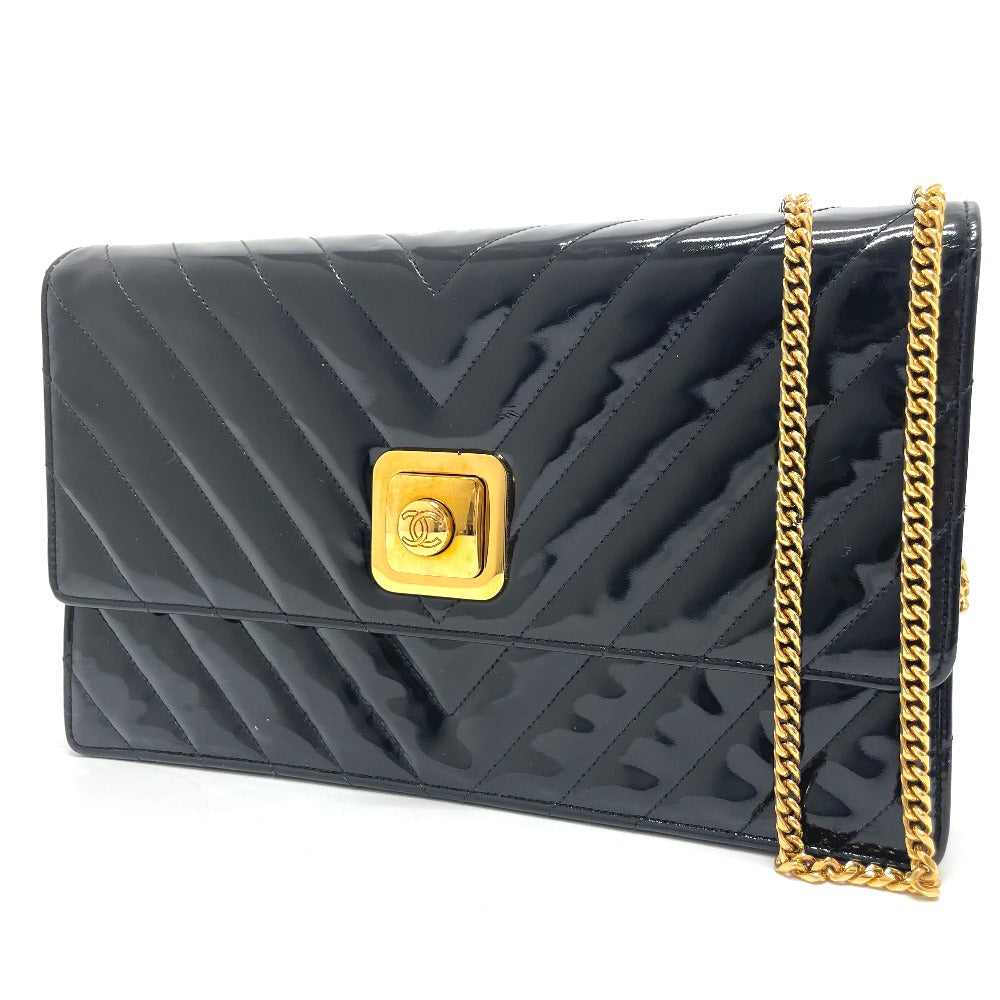 CHANEL Vステッチ シェブロン CC ココマーク カバン チェーン 2WAYバッグ 斜め掛け ショルダーバッグ エナメル/レザー レディース ブラック