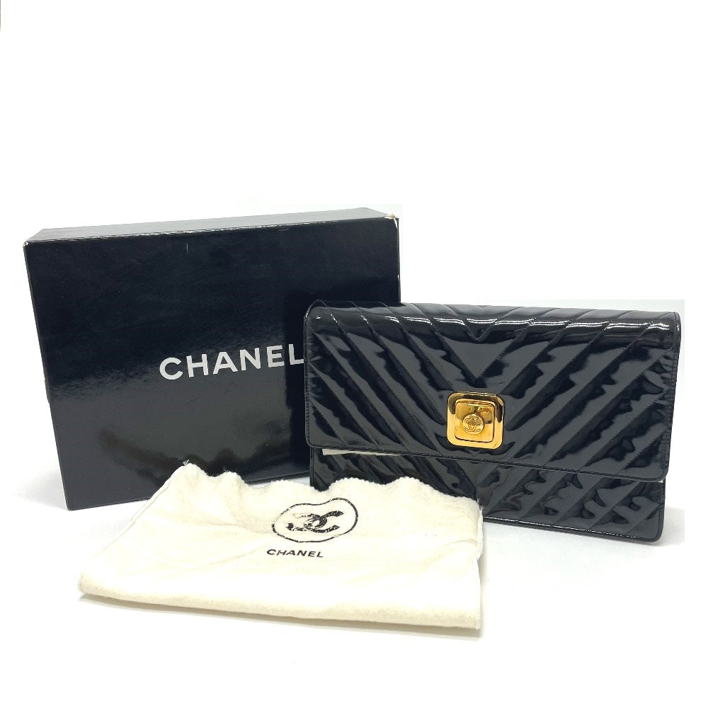 CHANEL Vステッチ シェブロン CC ココマーク カバン チェーン 2WAYバッグ 斜め掛け ショルダーバッグ エナメル/レザー レディース ブラック